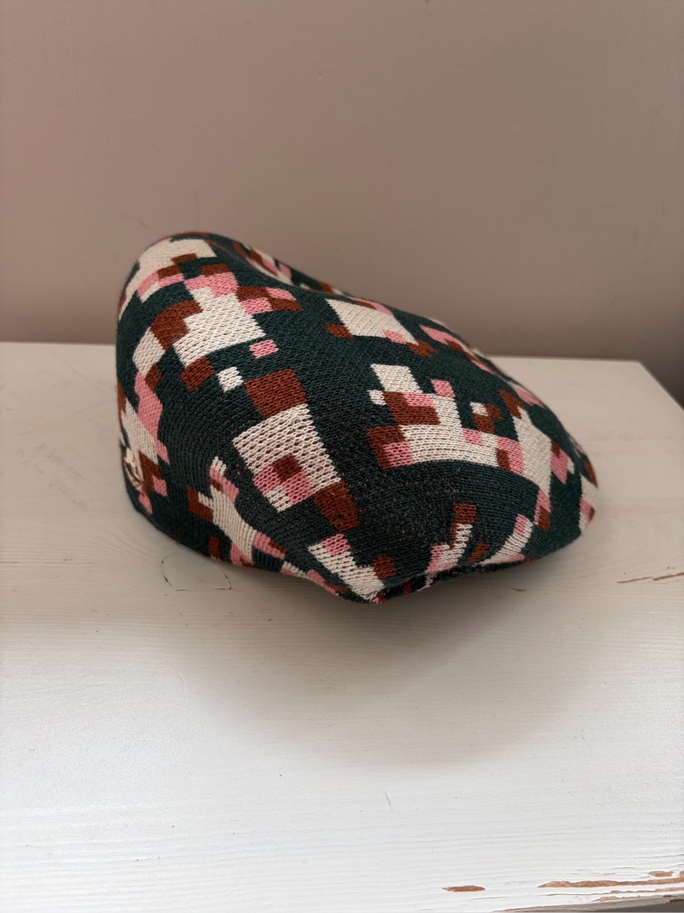 Kangol Dark Green Pixel Patchwork Accent Pillow with Pink and Brown